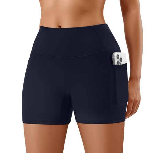 FireSwan Womens No Front Seam Biker Shorts High Waisted Spandex Yoga Workout Gym Running Athletic Shorts with Pockets Tummy Control(Navy L)