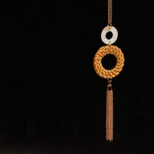HUNO Handmade Straw Wicker Braid Statement Tassel Pendant Necklace Y-Shaped Long Chain Rattan Knit Bamboo Necklace for Women3