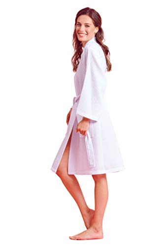 Soft Touch Linen Kimono Waffle Robe – Women’s Bath SPA Robe – Lightweight Cotton &Polyester Blend (Medium, White)