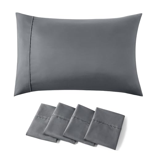Bedsure King Size Pillow Cases Set of 4 - Dark Grey Brushed Microfiber Pillowcases 4 Pack, Super Soft and Cozy Pillow Case Cover with Envelope Closure, Wrinkle, Fade and Stain Resistant, 20x36 Inches
