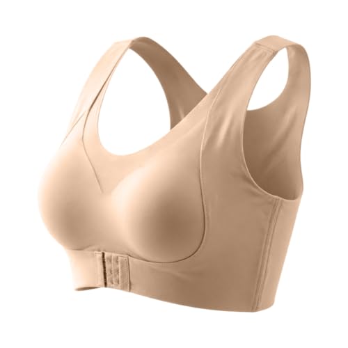 Women's Front Closure Posture Crossback Wireless Soft Push Up Bra Khaki