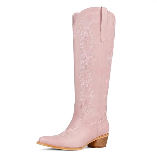 femflame Pink Cowboy Boots for Women Knee High Boots with Pointed Toe Chunky Heel Pull On Zipper Embroidery Cowgirl Boot Wide Calf Snip Toe Leather Western Boot