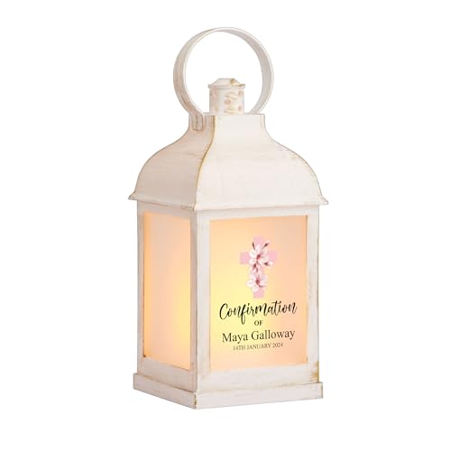 Personalised Confirmation Lantern Light Candle With Pink Magnolia Cross