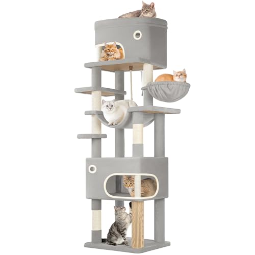Hzuaneri Arbre à Chat, Abri à Chat Multi-Niveaux de 203 cm avec Grande Plateforme, 2 Niches, 7 Griffoirs, Pompons, Paniers, Hamac, Convient aux Chats de...