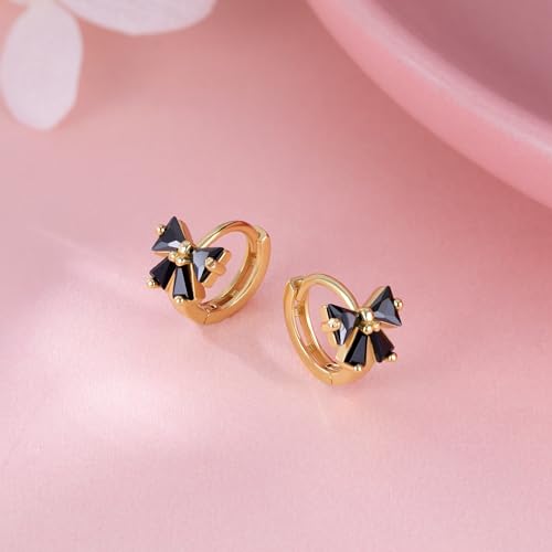 Reffeer Solid 925 Sterling Silver Bow Hoop Earrings Huggie for Women Teen Girls Black CZ Bowknot Hoop Earrings Ribbon Cartilage Huggie4