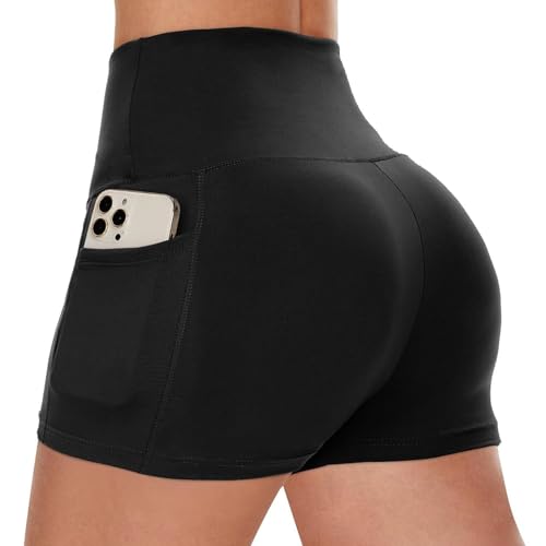 InfiniZer Women's Gym Shorts with Pockets High Waisted Sports Hot Pants Tummy Control Cycling Short Anti Chafing Mini Shorts for Ladies (S/M, Black)