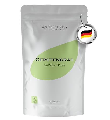 BODERRA Gerstengras Pulver BIO hochdosiert 250g - 60 Tage Vorrat Gerstengraspulver - NÄHRSTOFFWUNDER Gerstengrassaft Pulver BIO aus Deutschland Rohkostqualität VEGAN - OHNE ZUSÄTZE -LABORGEPRÜFT