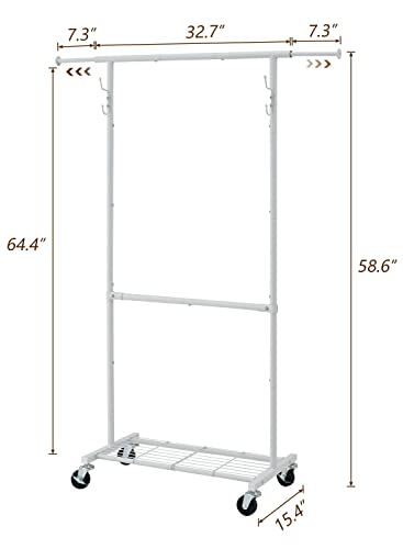 Gewudraw Clothes Rack, Metal Garment Rack On Wheels, Extendable Clothing Rack With Bottom Shelves And Hooks, Double Rod Garment Rack Portable Closet Organizer, 64.4 Inches #TOP5