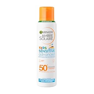 Garnier Ambre Solaire Kids & Baby Sunscreen Spray SPF 50+, 150ml Mist, Sensitive Advanced Anti-Sand Protection, High UVA/UVB Sun Cream for Face & Body, Water Resistant