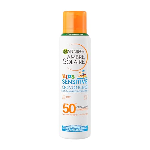 Garnier Ambre Solaire Kids & Baby Sunscreen Spray SPF 50+, 150ml Mist, Sensitive Advanced Anti-Sand Protection, High UVA/UVB Sun Cream for Face & Body, Water Resistant