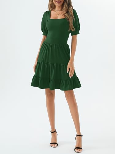 Image of Women's Square Neck A-Line Summer Dress Puff Sleeve Flared Swing High Waist Smocked Flowy Midi Casual Dress for Office /Party Green