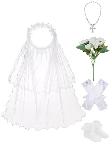 TOONRAIN Sophisticated First Communion Veil 5PC Lace & Satin A Treasured Addition to Her Sacred Ceremony