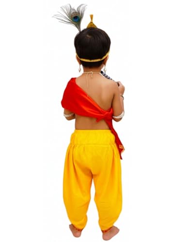 Image of BookMyCostume Polyester Krishna Yellow Costume Dhoti & Red Patka with Light Pearl Jewellery and Mukut Set - Janmashtami Dress Costume for Baby Kanha Laddu Gopal - Boys & Girls 6-12 Months