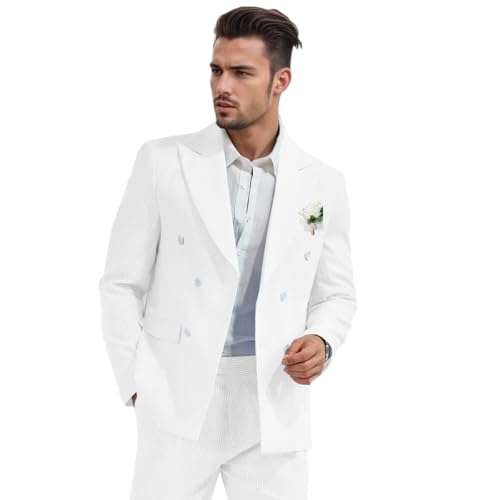 Seersucker Mens Suit Slim Fit 2 Pieces Striped Tuxedos Set Jacket Blazer Pants Double Breasted Summer Suits for Men Prom
