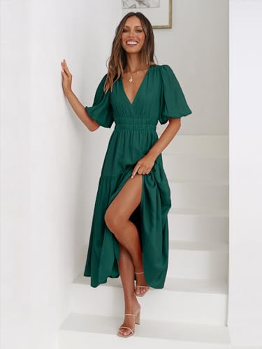 Image of Women's Summer Deep V Neck Puff Short Sleeve Tiered Maxi Dress Flowy A Line Long Dresses