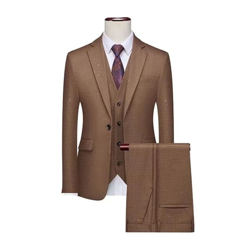 Men Pink Korean Single Breasted 3-Piece Jacket Pants Vest Coffee Slim Fit Suit2