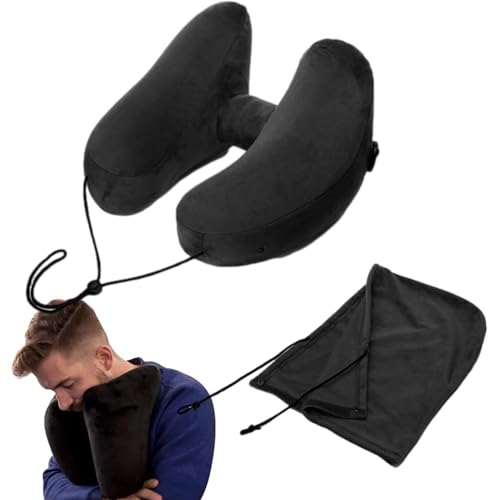 Euyehn 旅行用インフレータブル枕、インフレータブルネックピロー | 調節可能なH型トラベルピローインフレータブルネックピロー - フード付き空気枕 あごソフト飛行機枕 電車用