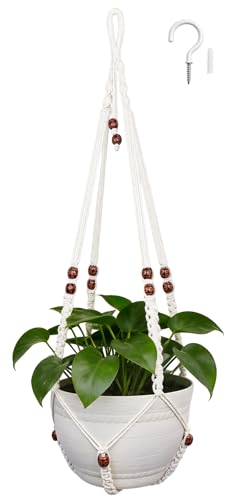 HOREAKHJ 35 Inch Macrame Plant Hanger Large for up to 15 Inch Pot Extra Long Hanging Planter Holder Basket with Wood Beads for Indoor Outdoor Home Decor (Ivory 1-Pack)