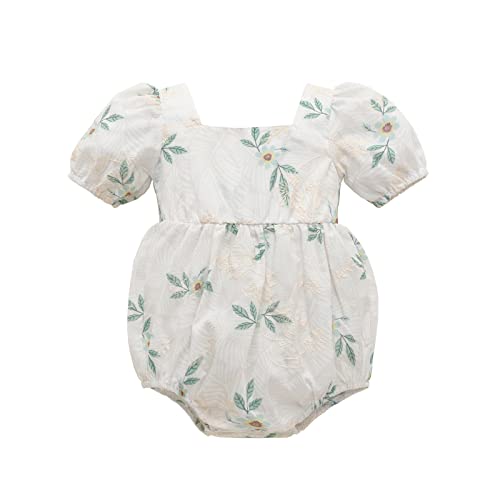 Image of Kupretty Newborn Infant Baby Girl Summer Clothes Vintage Floral Romper Square Neck Short Sleeve Bodysuit Jumpsuit