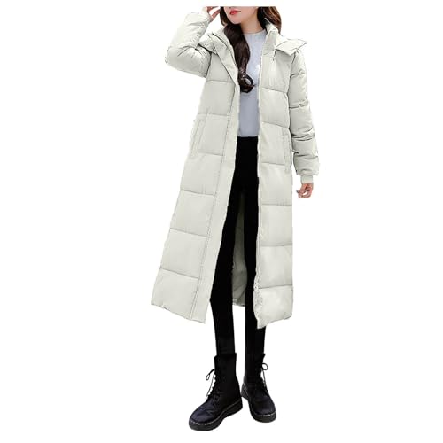 Wkishenl Women Long Quilted Coat Maxi Length Long Sleeve Puffer Jacket Solid Hooded Padded Coats Thick Warm Winter Outerwear