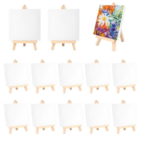 TOSAVGA - Lot de 12 Mini Chevalets Toiles, 10x10 cm Mini Toile avec Chevalet de 8x15 cm, Support Trépied Pliable, Kit Dessin pour La Peinture, Le Dessin, Décoration de Table et DIY Bricolage
