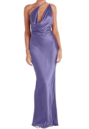 Image of Memoriesea Women's Low Cut Cowl Neck Open Back Tie Up Cocktail Party Maxi Dress Purple