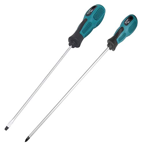 tatoko Slotted and Phillips Screwdriver, PH2 12" Long Cross-head Screwdriver & Flat Blade Screwdriver, 2 Packs Magnetic Screwdriver with Rubber Handle