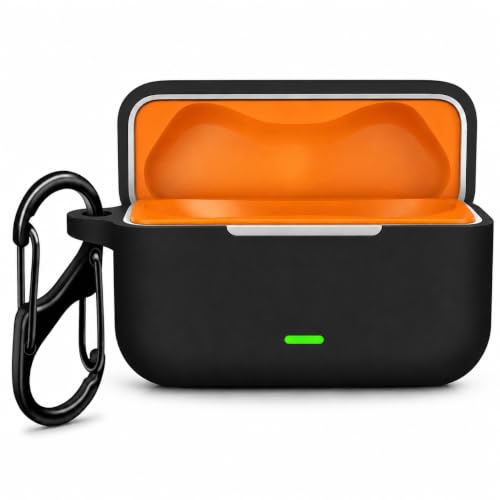 Image of Silicone Case for Realme Buds T500 Pro TWS Earbuds | Shockproof 360 Protective Cover | Heavy-Duty Carabiner Clip | LED Visible | Soft Anti-Slip & Lightweight Case (Black)