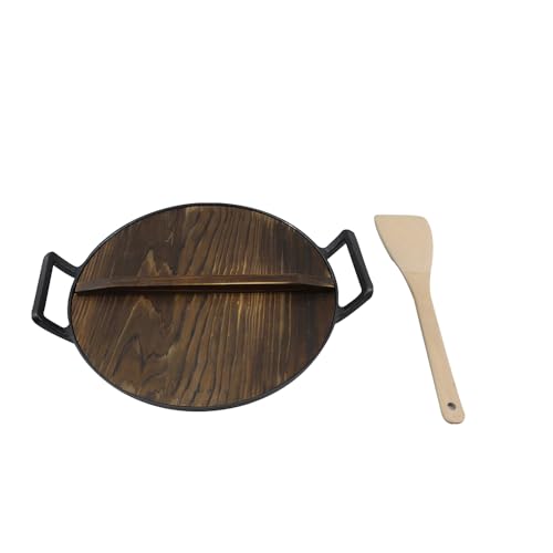 Image of 1pcs 14.5in Multi-Function Cast Iron Pan, Cast Iron Stock Pot, Frying Pan With wooden lid and wooden shovel for Outdoor-safe Cooking, Home & Restaurant Use, Essential Kitchen Cookware