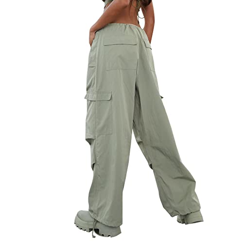 Women Baggy Cargo Wide Legs Pants Low Waist Drawstring Loose Pocket Jogger Trousers Hippie Punk Streetwear (Green, M) #TOP4