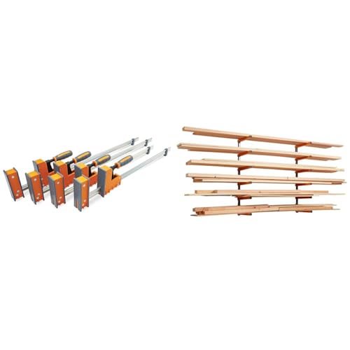 Bora 4-Piece Parallel Clamp Set 571550I & Wood Organizer and Lumber Storage Metal Rack with 6-Level Wall Mount – Indoor and Outdoor Use, In Orange | PBR-001