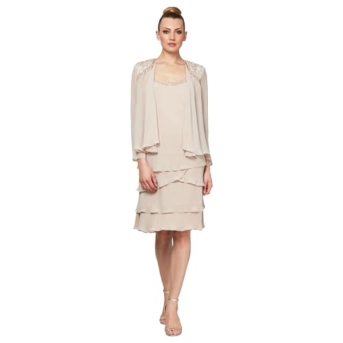 Image of S.L. Fashions Women's Mother of The Bride Tiered Jacket Dress with Shoulder Embellishment