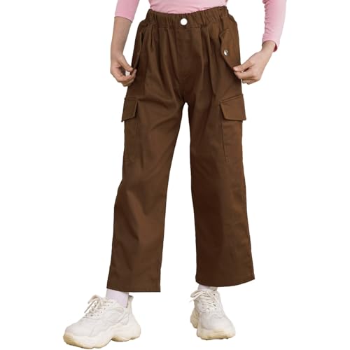 Eandarui Pantalones cargo para niños y niñas, cintura alta, pierna recta, elásticos, pantalones de deporte, pantalones de baile, hip hop, jazz, calle, danza, marrón, 122-128
