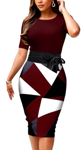 Bodycon Dresses for Women Midi Pencil Church Dress Elegant Business Printed Work Office Dress with Belt