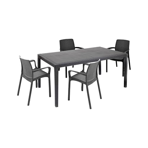 Dmora - Salon d'extérieurn Tarquinia, Ensemble de Salon d'extérieur et d'intérieur, Table rectangulaire Fixe avec 4 chaises, fabriqué en Italie, Anthracite