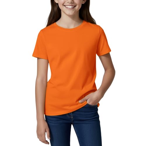 BreezeCove Girls Short Sleeve T Shirt Kids 100% Cotton Summer Tops Basic Crewneck Tees 3-14 Years Orange