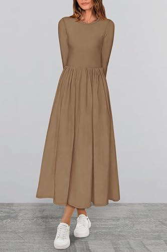 KIRUNDO Women Casual Long Sleeve Midi Dress 2026 Spring Wedding Guest Flowy Bohemian Modest Long Dresses with Pockets(Khaki, Medium) — view 2