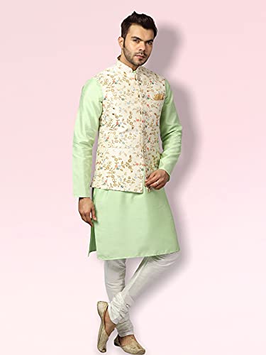Image of Uri and MacKenzie Men's Silk Blend Regular Kurta Churidar Pyjama with Bundi Nehru Jacket /Waistcoat