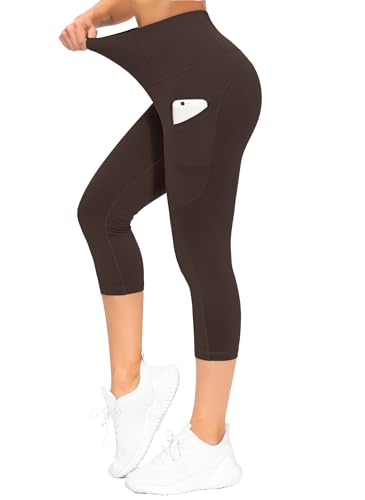 Image of THE GYM PEOPLE Thick High Waist Capris Yoga Pants with Pockets, Tummy Control Workout Running Yoga Leggings for Women