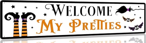 Duetom Welcome My Pretties Vintage Signs Retro Metal Tin Signs for Kitchen Home Halloween Wall Bar Farmhouse Halloween Decor Halloween Front Door Decor 4x16 Inch