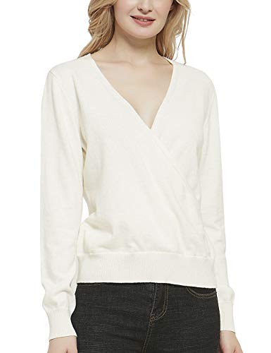 Kallspin Women's Cashmere Wool Blended Wrap Sweaters V Neck Long Sleeve Knit Pullover for Fall Winter Soft Sexy Elegant White Small