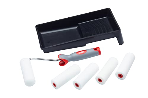 ProDec Lot de 7 articles, 5 mini-rouleaux mousse 100mm, monture poignée souple et bac, finition...