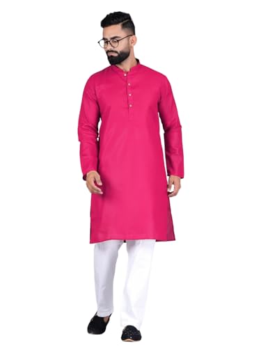 Image of Pinkmint Kurta for Men Cotton Mandarin Collar Long Sleeve Soild Traditional Kurta Festival Kurta