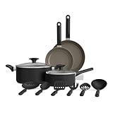 bella 12 Piece Cookware Set with EverGood™ Ceramic Nonstick Coating​, Dishwasher & Oven Safe, All Stovetops Compatible, Tempered Glass Lids and Cool Touch Handles, Black