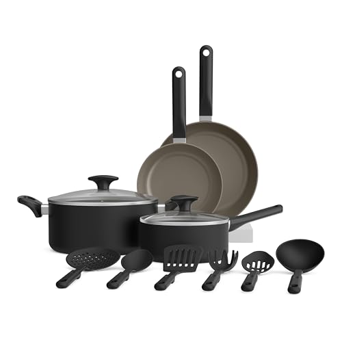 bella 12 Piece Cookware Set with EverGood™ Ceramic Nonstick Coating​, Dishwasher & Oven Safe, All Stovetops Compatible, Tempered Glass Lids and Cool Touch Handles, Black by BELLA - Used condition - US$35.44