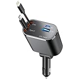 【2025年新進化 総139W・急速充電】シガーソケット USB 車 充電器 巻き取り式 4 in 1 カーチャージャー 4台同時使用 ケーブル 2本 Type-C/Lightning DC12/24V 車対応 多機種に対応 車載 カー用品 車用品 コンパクト（グレー）