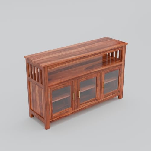 Image of Solid Sheesham Wood Sideboard for Living Room with Glass Doors | 3-Door Storage Unit & Open Display Shelf | Buffet Cabinet for Dining Room, Entryway & Hallway | Honey Finish | 140 x 40 x 82 cm