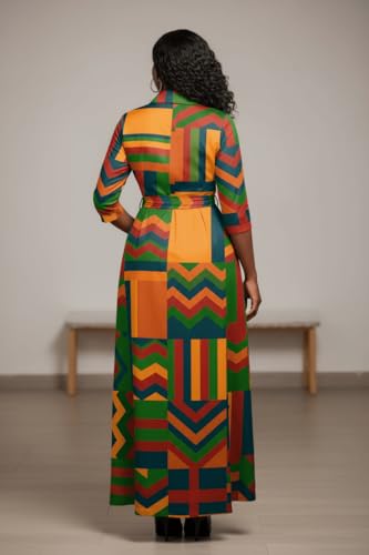 Image of Runwind Women Church Maxi Dresses 3 /4 Sleeve Button Down Print Casual Office Dress African