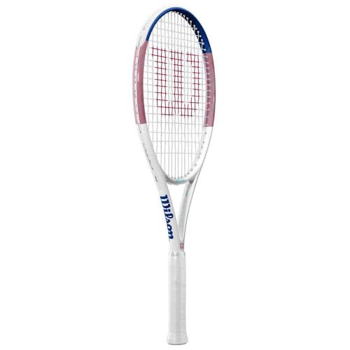 Raqueta de Tenis Wilson Allure, para Golpes Precisos, con Diseño de Doble Agujero y Agarre Cómodo, Pre-encordada, Color: Rosa/Azul, Talla: 1