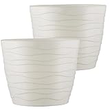 Tymar Blumentopf, 2er-Pack, runde Form, Pflanzgefäß, Pflanzkübel für Innen, Pflanztopf aus Kunststoff, Leichter, Doppelpack,mit 3D-Wellendesign (15 cm, Creme)